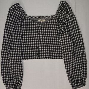 MADEWELL GINGHAM PRINT PUFF SLEEVE BUTTON FRONT CROP TOP